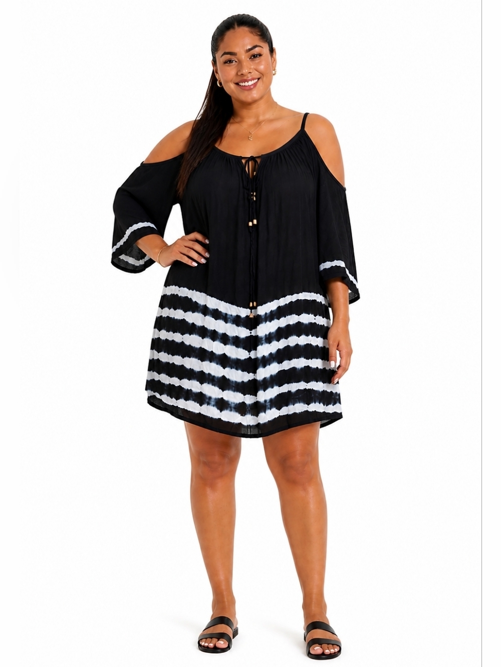 Black & White Tie-Dye Cold-Shoulder Swim Cover-Up. Size L.
